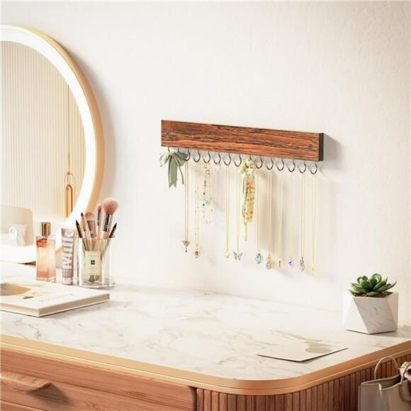 Wood necklace holder wall mount jewelry organizer with 15 hooks for storage - Picture 2 of 7